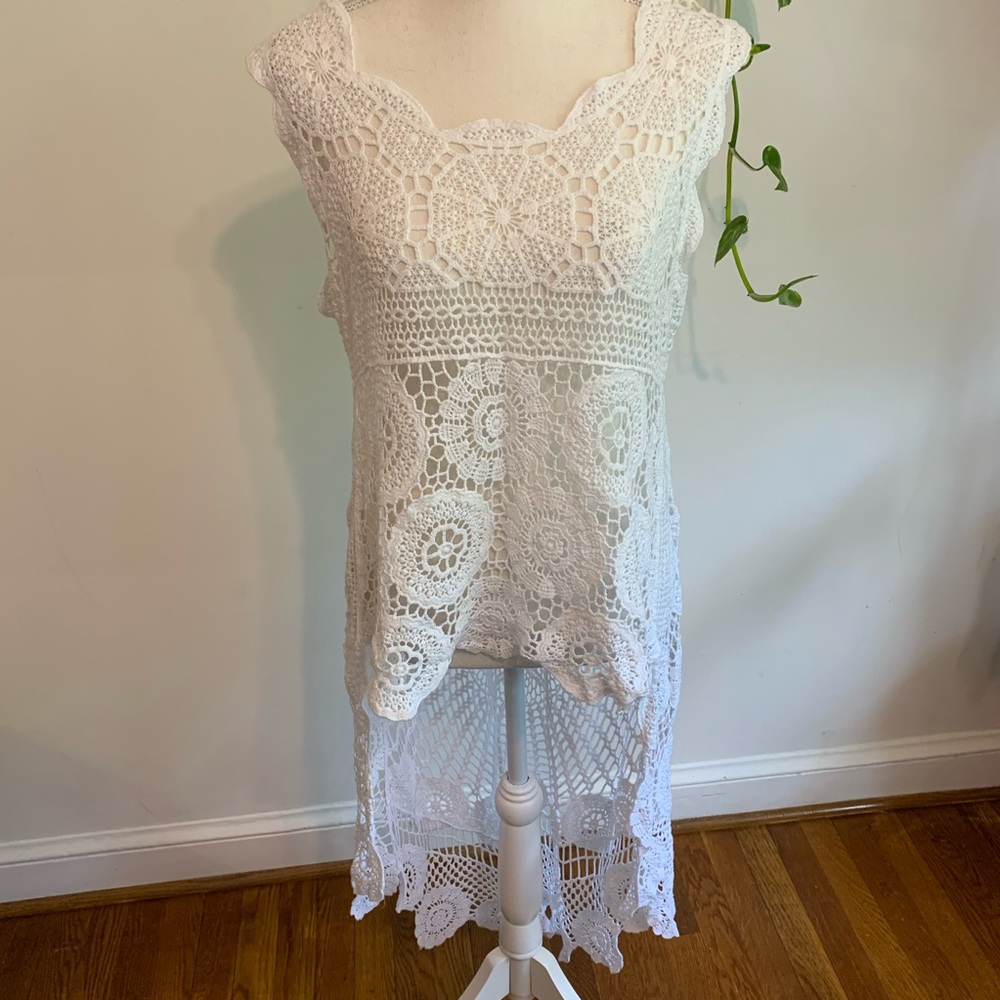Handmade White Crochet High-Low Dress Size L